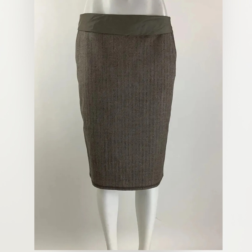 Riani Sz 10 US Virgin Wool Tweed Pencil Skirt Brown Ribbon Detail Career